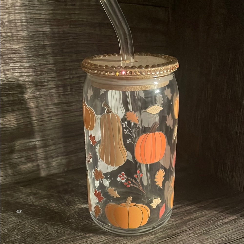 Autumn Glass Tumbler with Straw